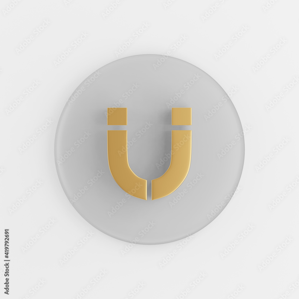 Poster golden horseshoe magnet icon in flat style. 3d rendering gray round button key, interface ui ux elem