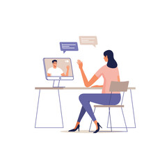 Fototapeta premium Young woman communicate online using a computer. Man on the screen of devices. Remote communication concept of online meeting, dating, call and video. Vector illustration.