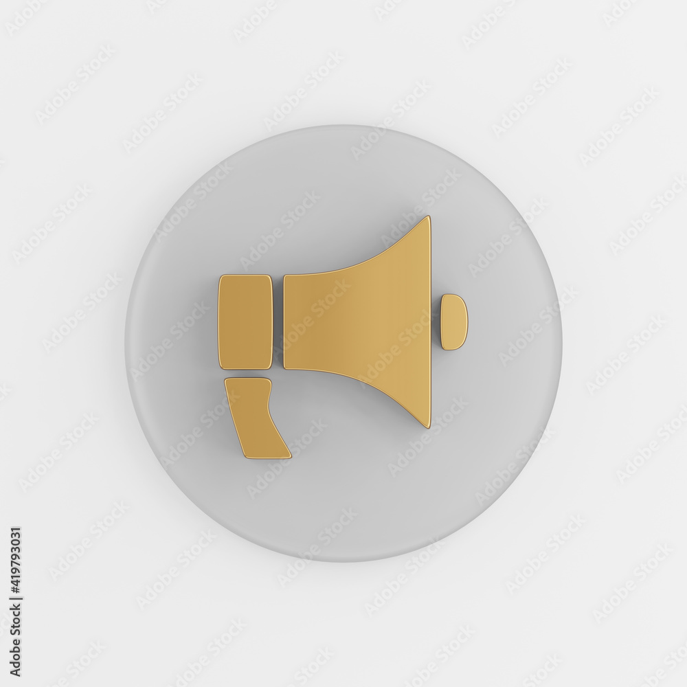 Poster golden megaphone icon in flat style. 3d rendering gray round button key, interface ui ux element.