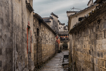 The narrow streets in Hongcun village, a historic Chinese village in Anhui province, China.