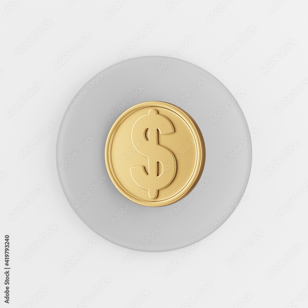 Poster dollar gold coin icon in cartoon style. 3d rendering gray round button key, interface ui ux element.
