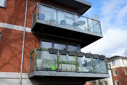 Glass Apartment Balconies Used As Garden Space In Town Centre In The South East Of England