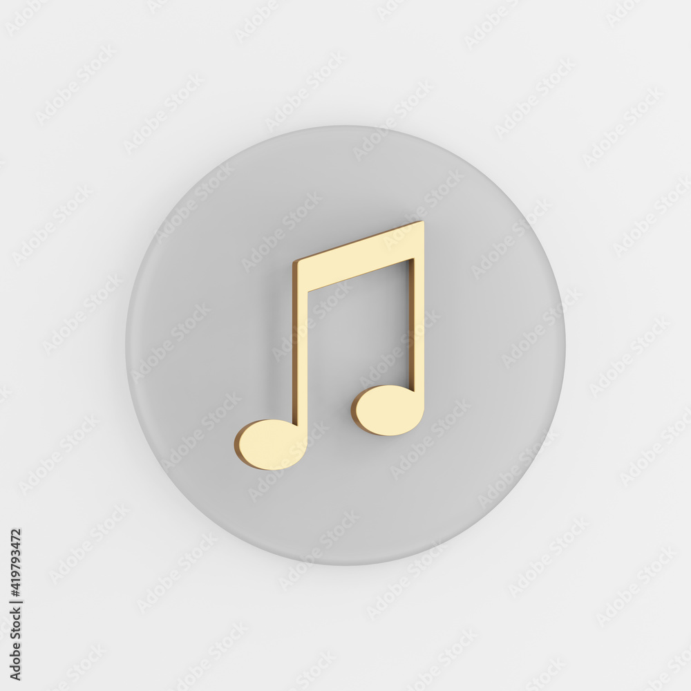 Poster golden musical note icon in flat style. 3d rendering gray round button key, interface ui ux element.