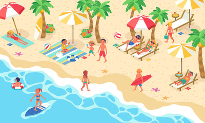 夏の海に海水浴に来た大勢の人々の生活風景のベクターイラスト(アイソメトリック、アイソメ)