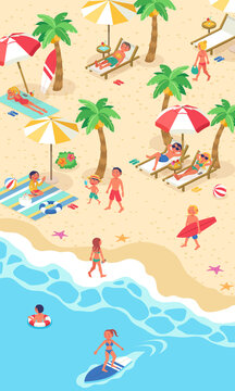 夏の海に海水浴に来た大勢の人々の生活風景のベクターイラスト縦(アイソメトリック、アイソメ)