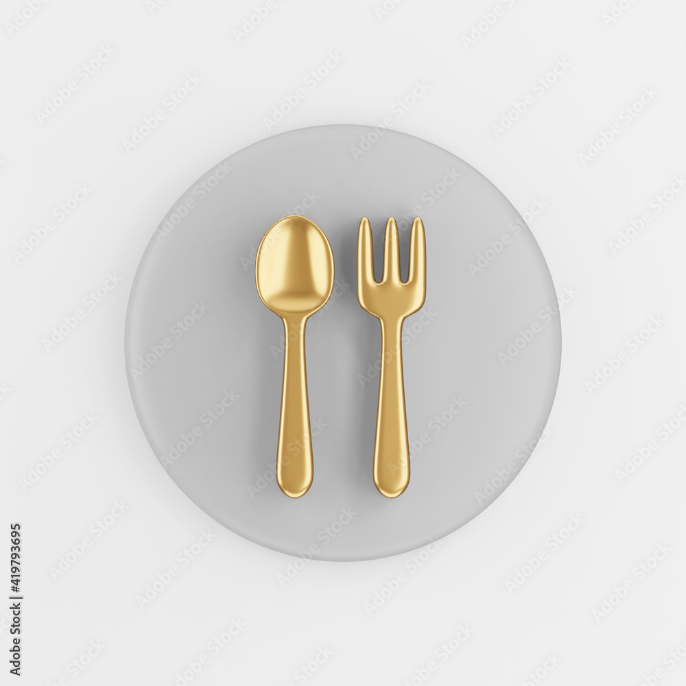 Poster golden fork and spoon icon in cartoon style. 3d rendering gray round button key, interface ux ui ele