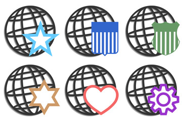 Set of icons with shadows. Contour of the planet with different signs. Stars, shields, gear and heart