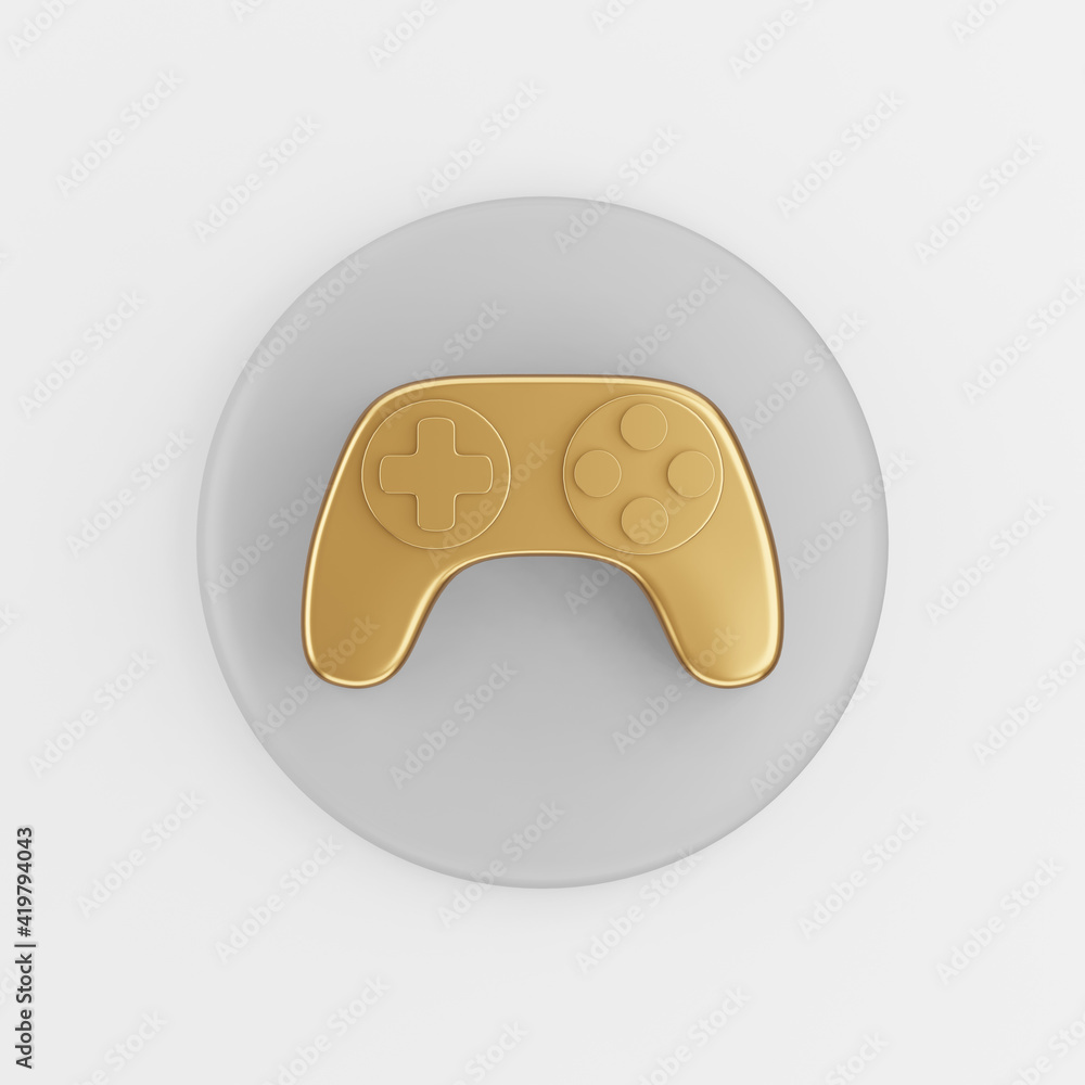 Poster gold gamepad icon in cartoon style. 3d rendering gray round button key, interface ui ux element.