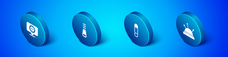 Set Isometric Location tailor shop, Safety pin, Needle bed and needles and Zipper icon. Vector.