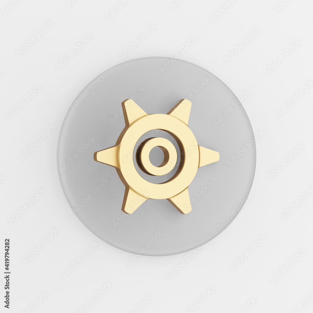 Poster gold gear icon in cartoon style. 3d rendering gray round button key, interface ui ux element.