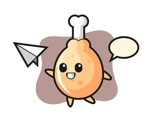Fried chicken cartoon character throwing paper airplane