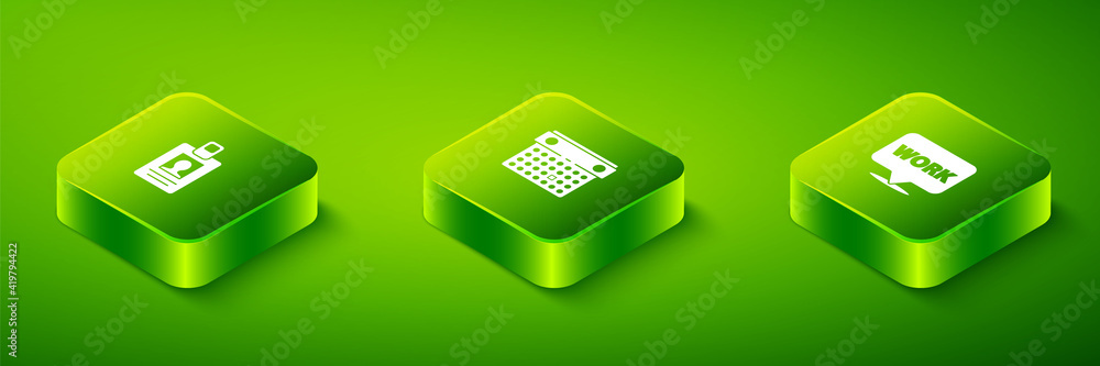 Poster set isometric calendar, location with text work and identification badge icon. vector.