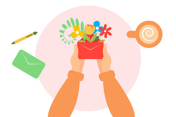 Vector illustration of a woman holding a letter with flowers inside. Hi spring! Spring illustration with cute elements.