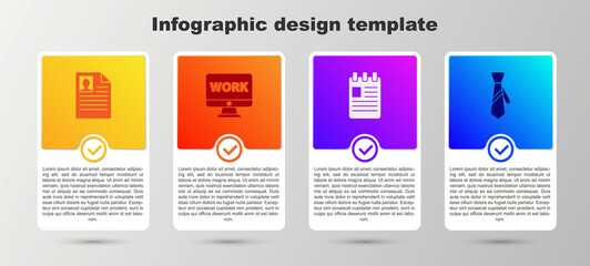 Set Resume, Monitor with text work, Spiral notebook and Tie. Business infographic template. Vector.