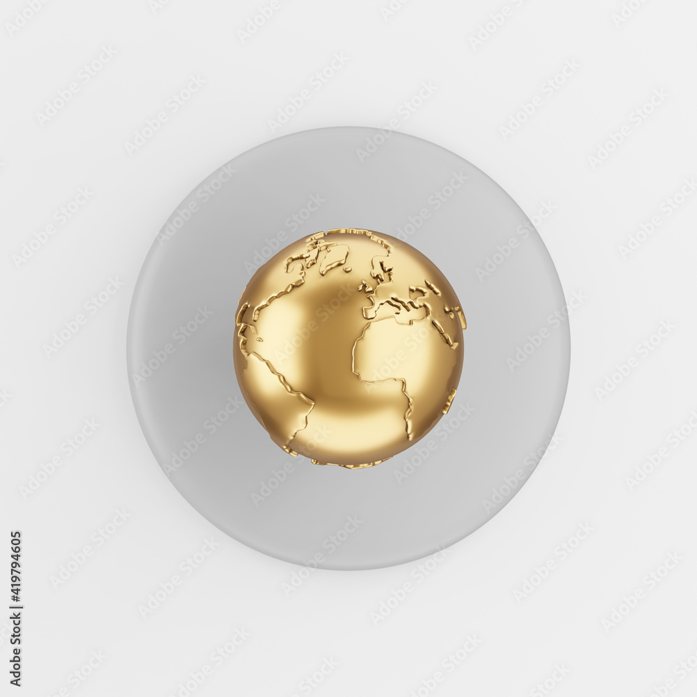 Poster golden globe icon in cartoon style. 3d rendering gray round button key, interface ui ux element.