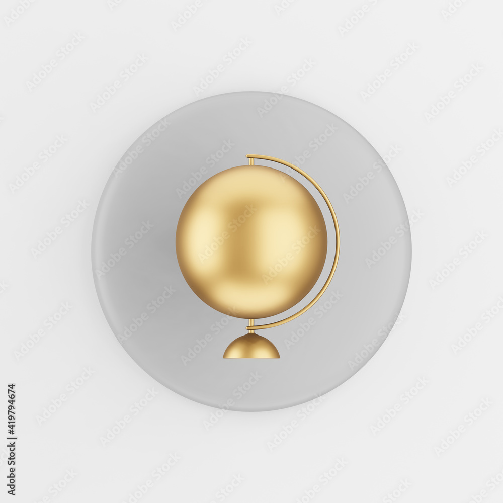 Poster golden minimalistic globe icon in cartoon style. 3d rendering gray round button key, interface eleme