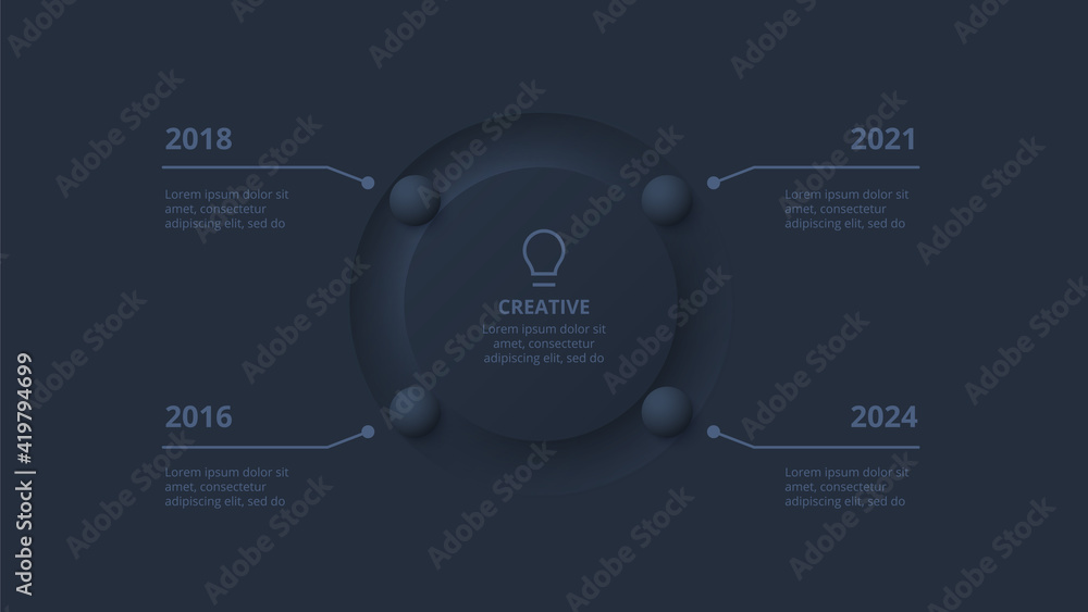 Poster dark neumorphic circles for infographic. template for diagram, graph, presentation and chart. skeuom