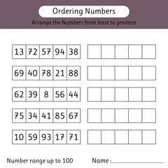 Ordering numbers worksheet. Number range up to 100. Arrange the numbers from least to greatest. Mathematics