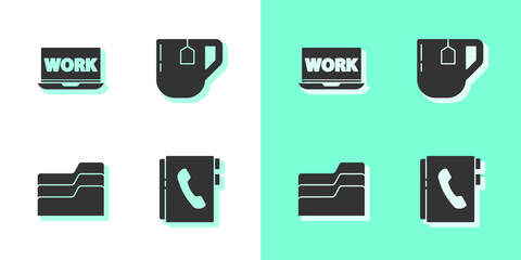 Set Address book, Laptop with text work, Document folder and Cup of tea tea bag icon. Vector.