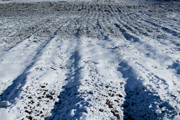 Naklejka premium Snow on plowed land