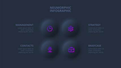 Dark neumorphic circles for infographic. Template for diagram, graph, presentation and chart. Skeuomorph concept with 4 options, parts, steps or processes