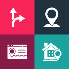 Set pop art Location with house, Infographic of city map navigation, and Road traffic sign icon. Vector.