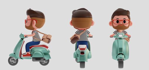 3d render illustration of cute man, boy character carrying bag riding on a scooter , motorcycle in different view, front, side, back