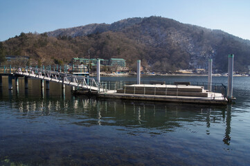 Fototapeta na wymiar 湖畔から眺める冬の中禅寺湖