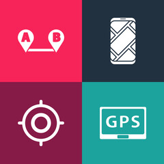 Set pop art Gps device with map, Target sport, City navigation and Route location icon. Vector.