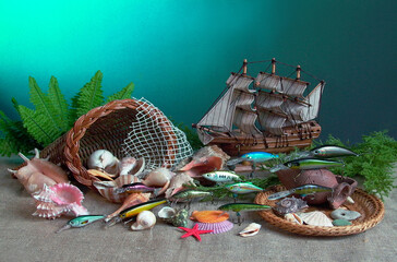 Marine still life. Model of a sailing ship, wooden fish, a piece of net, shells, amphora, coins on the seabed.