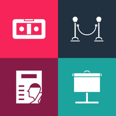 Set pop art Projection screen, Cinema poster, Rope barrier and VHS video cassette tape icon. Vector.