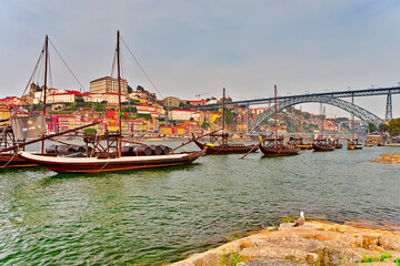 Portugal Destinations. Cityscape of Porto City in Portugal with Traditional Attraction Winery Boats...