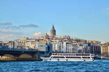 Fototapeta na wymiar Ferry sailing along the river with view to Istanbul.