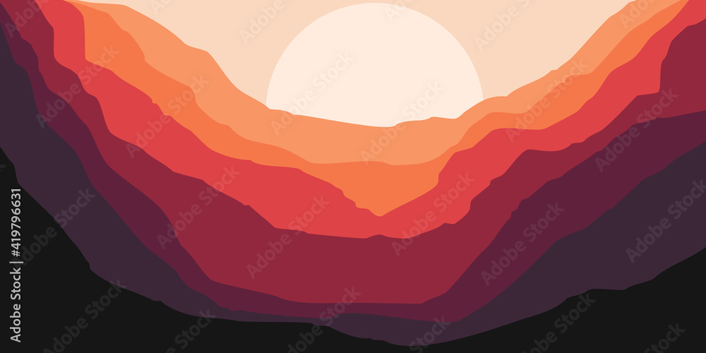 Sticker Vector illustration of mountain with sunset for tourism banner, adventure background, social media template background, tourism promo design and adventure backdrop