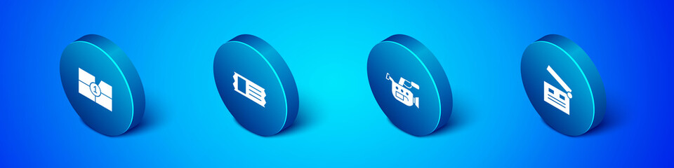 Set Isometric Old film movie countdown frame, Cinema camera, Movie clapper and ticket icon. Vector.