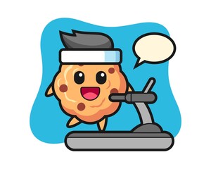 Chocolate chip cookie cartoon character walking on the treadmill