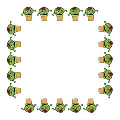 Square frame with cute smiling cactus on white background. Doodle style. Vector image.