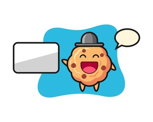 Chocolate chip cookie cartoon illustration doing a presentation