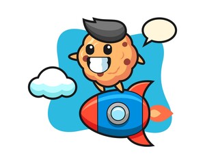 Chocolate chip cookie mascot character riding a rocket