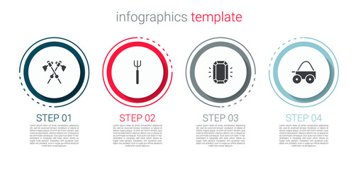 Set Crossed medieval axes, Garden pitchfork, Diamond and Wooden four-wheel cart. Business infographic template. Vector.