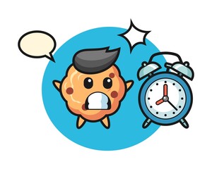 Cartoon illustration of chocolate chip cookie is surprised with a giant alarm clock