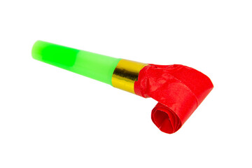 Rolled bright festive noisemaker or party whistle horn isolated on the white background