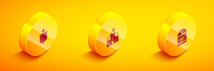 Set Isometric Medieval flag, Castle, fortress and castle gate icon. Vector.