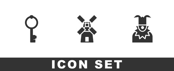 Set Old key, Windmill and Joker head icon. Vector.