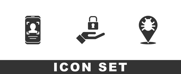 Set Mobile and face recognition, Lock in hand and System bug icon. Vector.