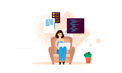 The woman is working on the development flat vector