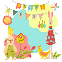 Easter card with spring flowers, candle eggs, bunny, chick, birdhouse. Checkboxes with the inscription happy easter. Vector cartoon illustration. Decoration for Happy Easter