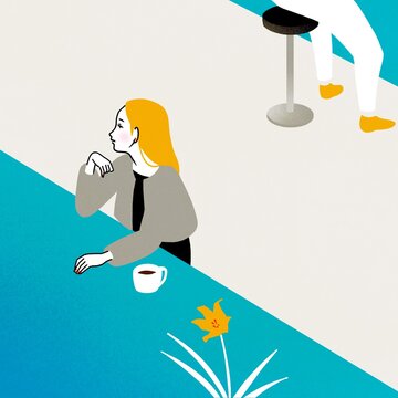 カフェでいつもの席に座る女性（挿絵・扉絵・おしゃれ・スタイリッシュ）