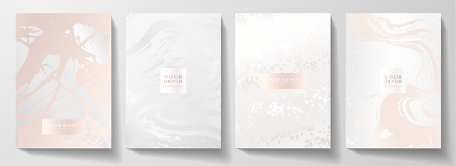 Modern pearl cover design set. Creative fashionable background with light abstract marble pattern. Elegant trendy vector collection for catalog, brochure template, magazine layout, beauty booklet - obrazy, fototapety, plakaty