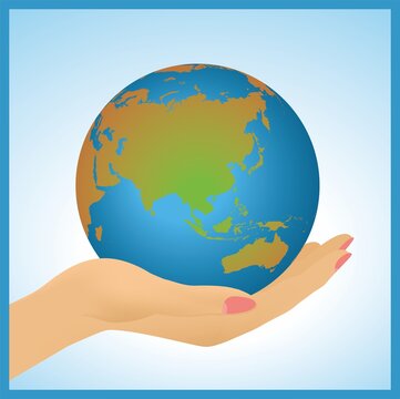 Hand holding planet Earth gently. Conceptual image environment or global business. Asia and Australia on front. The image can be found with other countries on front. Vector illustration. EPS10.